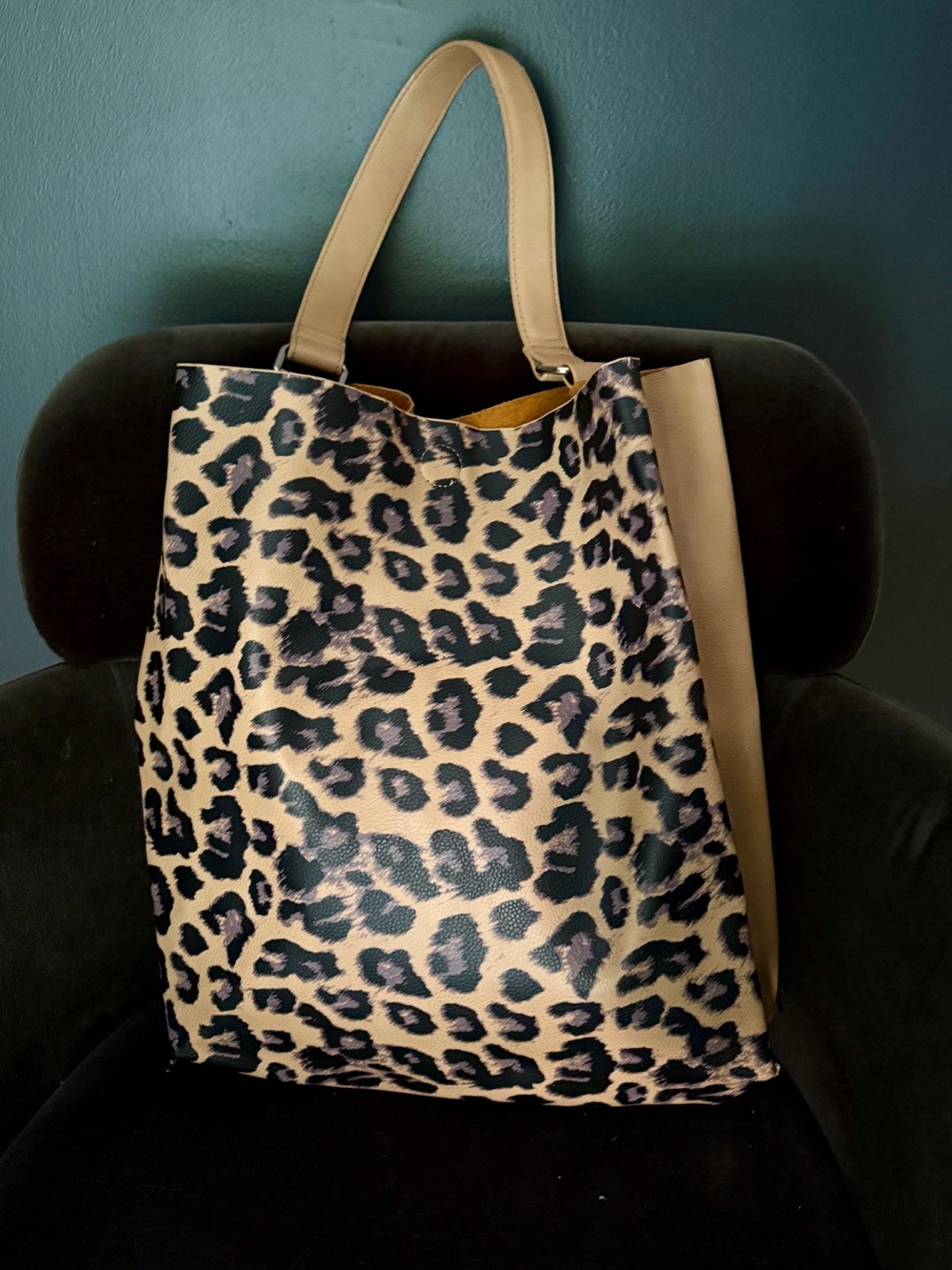 Y2K Barney’s New York Leopard Print Tote Bag with camel color accents.
